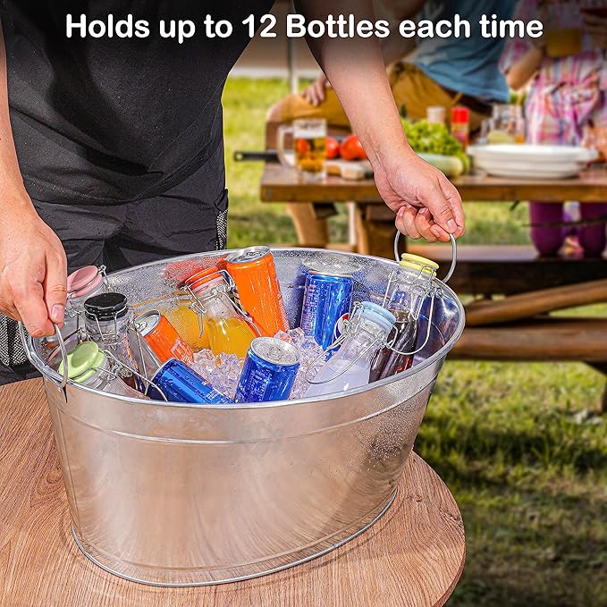 Large 6-Gallon Galvanized Tin Beverage Tub with Handle, Rust-Resistant Metal Beer Bucket for Ice, Drinks and Beer Bottles, Lightweight and Durable, 20x14x10 inches (Pack of 2)