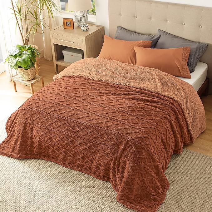 Bedsure Sherpa King Size Blanket for Bed- GentleSoft Fleece Fluffy & Cozy Cable Jacquard Tufted for Women Gift, Thick and Warm Blankets for Winter, Orange, 108x90 Inches