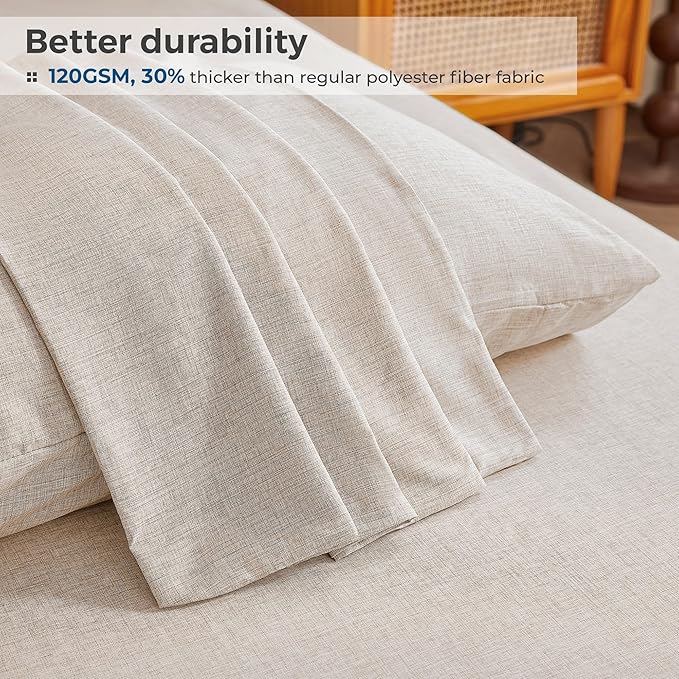 King Sheets Brown, Ultral Soft Cationic Linen Look Sheets, Luxury Cooling Cozy Bed Sheet Set with Non-Slip Fitted Sheet