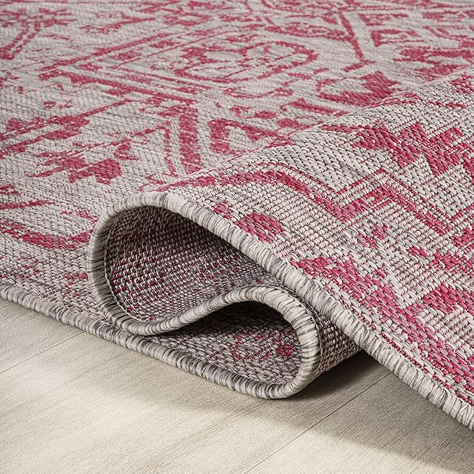 JONATHAN Y SMB105F-4 Estrella Bohemian Medallion Textured Weave Indoor Outdoor Area-Rug, Coastal Traditional Easy-Cleaning,Bedroom,Kitchen,Backyard,Patio,Non Shedding, 4 X 6, Light Gray/Fuchsia