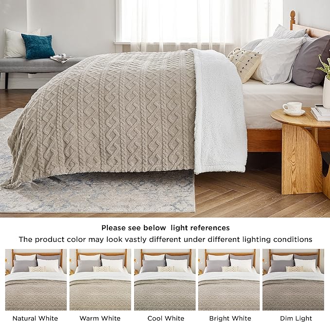 Bedsure Sherpa Fleece Blanket Twin Size for Bed - GentleSoft Fluffy & Cozy Cable Jacquard Tufted for Women Gift, Thick and Warm Blankets for Winter, Beige, 60x80 Inches