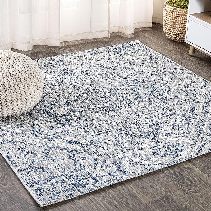 JONATHAN Y SMB105B-5SQ Estrella Bohemian Medallion Textured Weave Indoor Outdoor Area-Rug Coastal Bohemian Rustic Glam Easy-Cleaning Bedroom Kitchen Backyard Patio Non Shedding, 5' Square, Navy/Gray