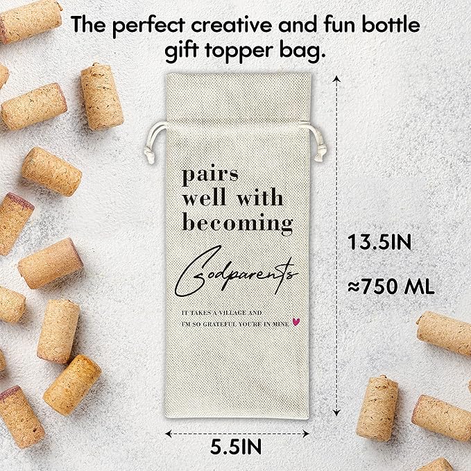 Godparents Wine Gift Bags - Gift for Godmother, Godfather, Aunt, Uncle, Baptism - Reusable Burlap With Drawstring Gift Bag (5.5"x 13.5")-1 Pcs/jiu060