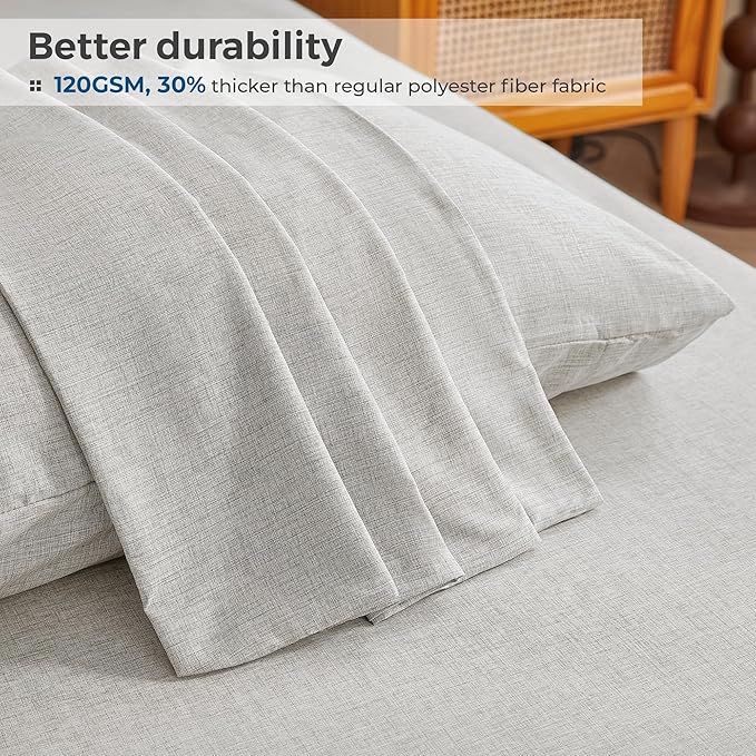 Queen Sheets Light Grey, Ultral Soft Cationic Linen Look Sheets, Luxury Cooling Cozy Bed Sheet Set with Non-Slip Fitted Sheet
