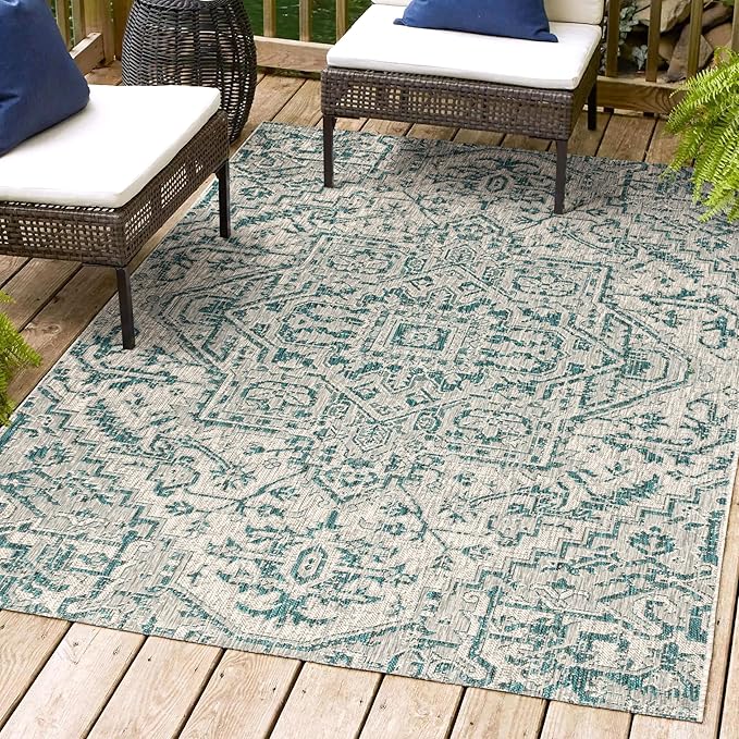 JONATHAN Y SMB105C-3 Estrella Bohemian Medallion Textured Weave Teal/Gray 3 ft. x 5 ft. Indoor/Outdoor Area Rug Coastal, Traditional, Transitional, Perfect for Backyard, Patio, Porch