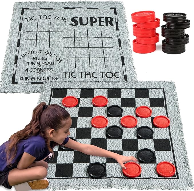 3-in-1 Vintage Giant Checkers, Tic, Tac, Toe, with Reversible Mat, 24 Chips, Family Board Game, Lawn Game, BBQ Party Favo...