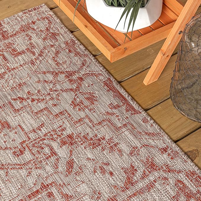 JONATHAN Y SMB105A-5R Estrella Bohemian Medallion Textured Weave Indoor Outdoor Area-Rug Coastal Bohemian Rustic Glam Easy-Cleaning Bedroom Kitchen Backyard Patio Non Shedding, 5' Round, Red/Taupe