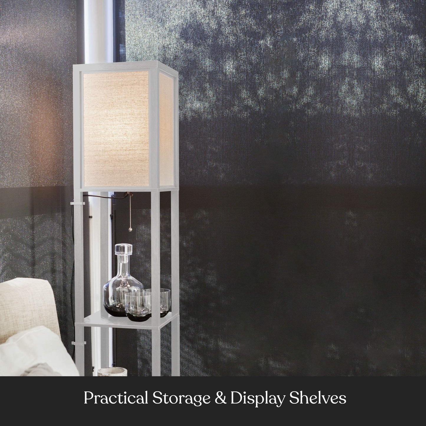 Brightech Maxwell Modern Floor Lamp with Shelves - White, LED Bulb, Wood, Model 1