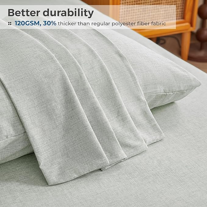 Queen Sheets Sage Green, Ultral Soft Cationic Linen Look Sheets, Luxury Cooling Cozy Bed Sheet Set with Non-Slip Fitted Sheet