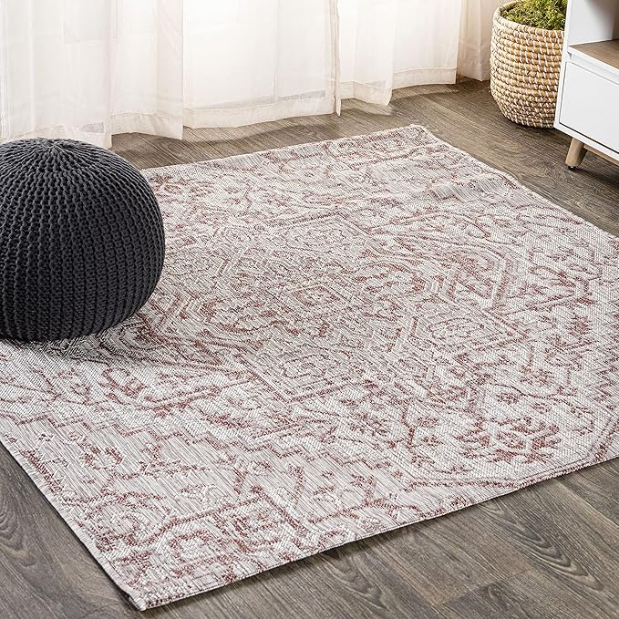 JONATHAN Y SMB105A-4SQ Estrella Bohemian Medallion Textured Weave Red/Taupe 4' Square Indoor/Outdoor Area Rug, Pet Friendly, Non-Shedding, Stain Resistant, Easy-Cleaning for Backyard, Patio, Porch