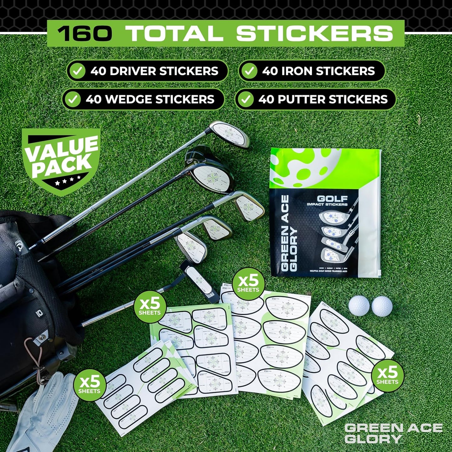 Golf Impact Tape - 384 or 160 Golf Impact Stickers - Impact Tape for Golf Clubs for Drivers, Woods, Irons, Putters | Great Golf Aid - No Residue Golf Stickers, Easy Peel Golf Tape for Perfect Shots