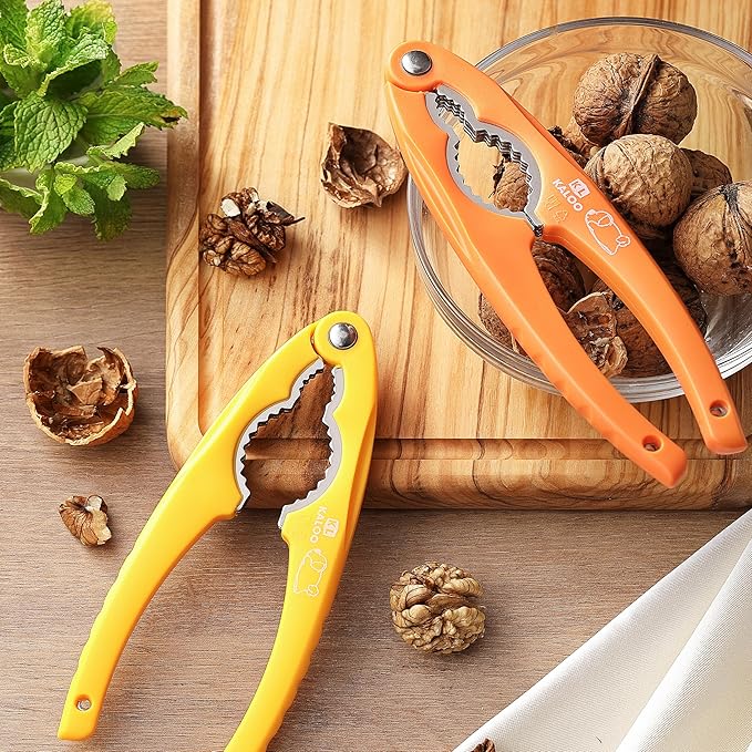 2PCS NutCracker, Kaloo Stainless Steel Nut Crackers for All Nuts, Nutcracker Tool for Walnet, Pencan, Chestnut, Crab, Lobster and More, Ergonomic Handle (Unique Pattern, Orange + Yellow)