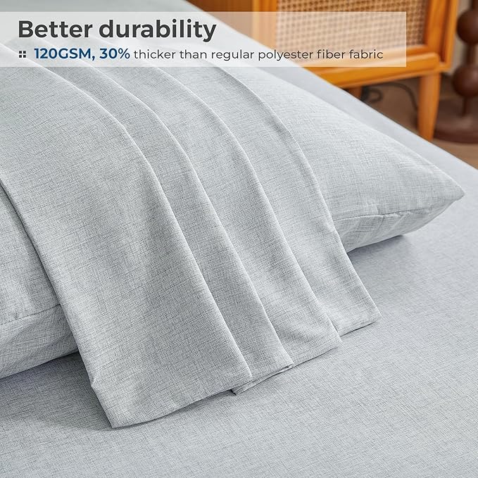 King Sheets Blue, Ultral Soft Cationic Linen Look Sheets, Luxury Cooling Cozy Bed Sheet Set with Non-Slip Fitted Sheet