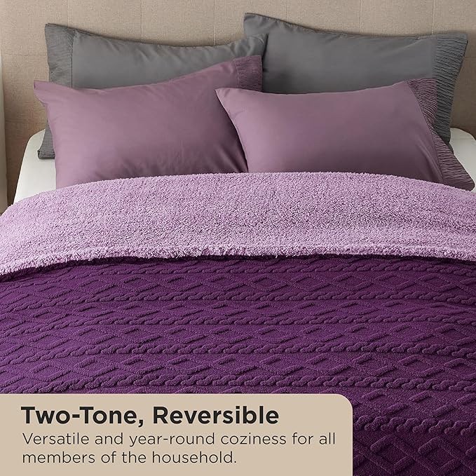 Bedsure Sherpa King Size Blanket for Bed- GentleSoft Fleece Fluffy & Cozy Cable Jacquard Tufted for Women Gift, Thick and Warm Blankets for Winter, Purple, 108x90 Inches