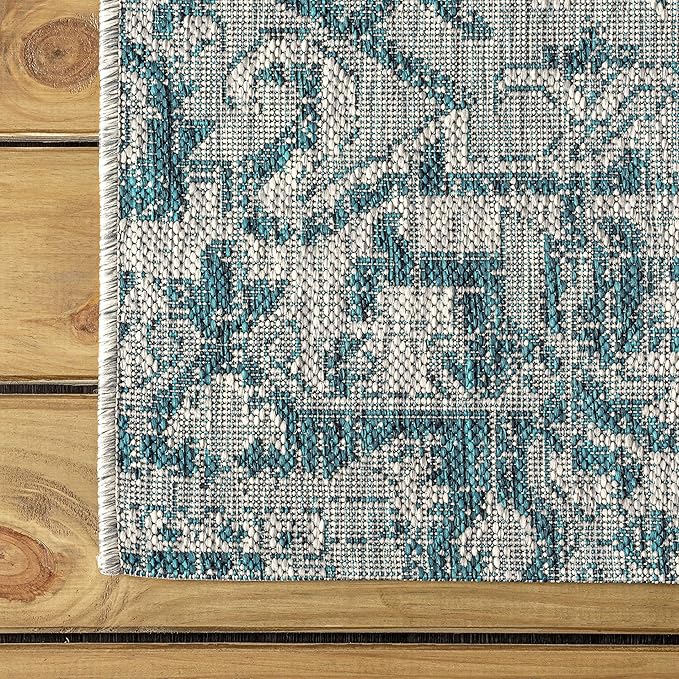 JONATHAN Y SMB105C-4R Estrella Bohemian Medallion Textured Weave Teal/Gray 4' Round Indoor/Outdoor Area Rug, Pet Friendly, Non-Shedding, Stain Resistant, Easy-Cleaning for Backyard, Patio, Porch