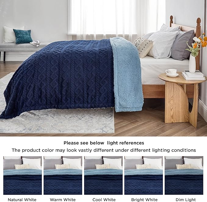 Bedsure Sherpa Fleece Blanket Twin Size for Bed - GentleSoft Fluffy & Cozy Cable Jacquard Tufted for Women Gift, Thick and Warm Blankets for Winter, Navy, 60x80 Inches