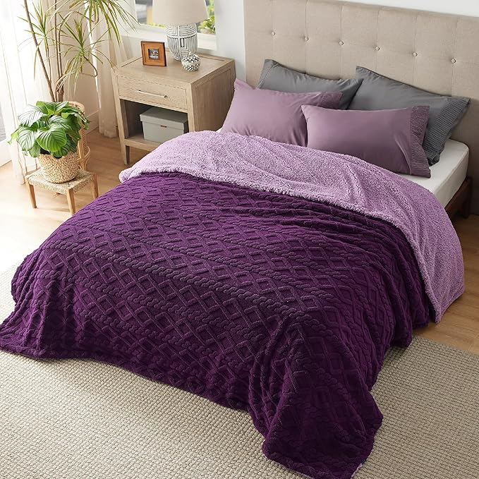 Bedsure Sherpa King Size Blanket for Bed- GentleSoft Fleece Fluffy & Cozy Cable Jacquard Tufted for Women Gift, Thick and Warm Blankets for Winter, Purple, 108x90 Inches