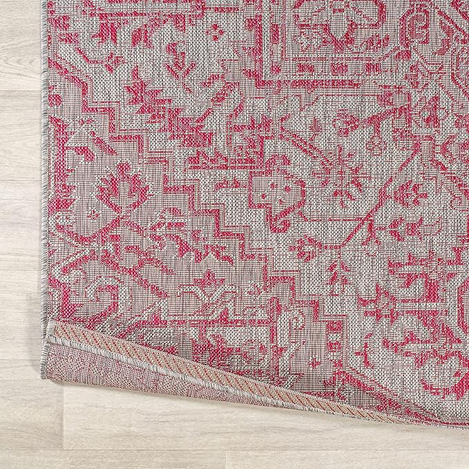 JONATHAN Y SMB105F-9 Estrella Bohemian Medallion Textured Weave Indoor Outdoor Area-Rug, Coastal Traditional Easy-Cleaning,Bedroom,Kitchen,Backyard,Patio,Non Shedding, 9 X 12, Light Gray/Fuchsia