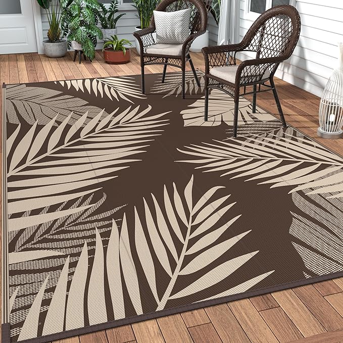 GENIMO Outdoor Rug 9' x 12' Waterproof for Patios Clearance, Reversible Outdoor Plastic Straw Camping Rug Carpet, Large Area Rugs Mats for RV, Camper, Deck, Balcony, Porch, Beach, Picnic, Coffee&Beige