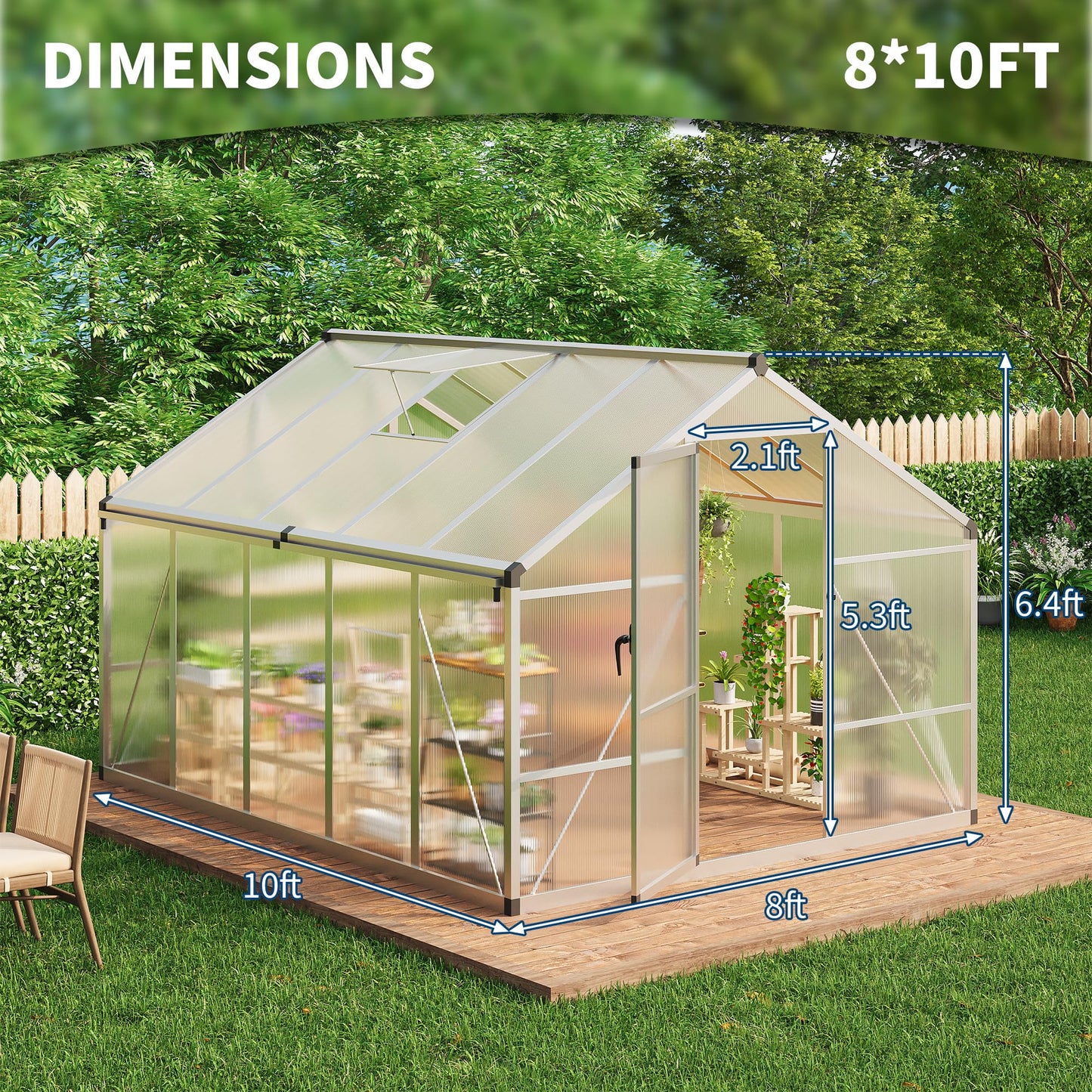 IDEALHOUSE 8×10 FT Greenhouse, Large Walk in Greenhouses for Outdoors and Garden Planting, Polycarbonate Greenhouse with Enhanced Aluminum Frame, Green Houses with Quick Setup Structure and Roof Vent