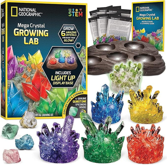 National Geographic Mega Crystal Growing Kit for Kids- Grow 6 Crystals with Light-Up Stand, Science Gifts for Kids 8-12, C...