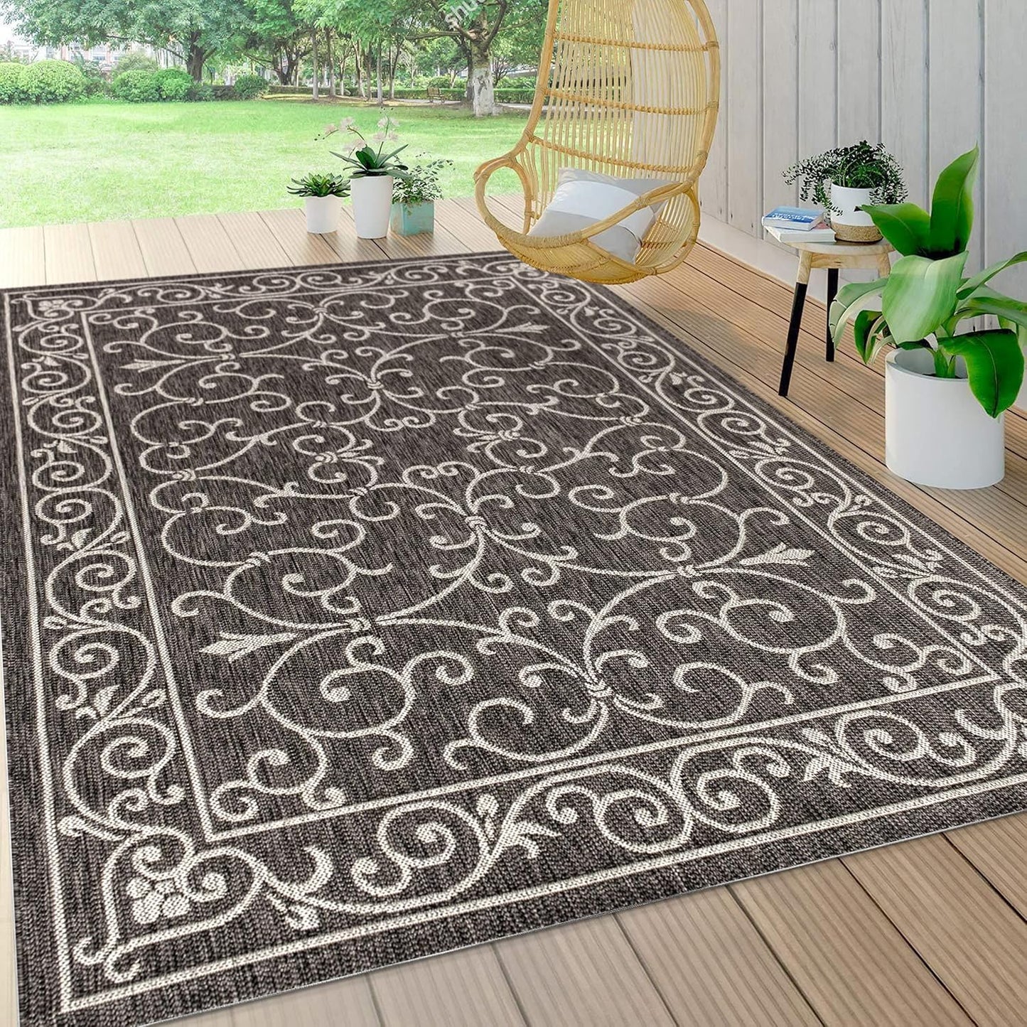 JONATHAN Y Vintage Filigree Indoor Outdoor Area Rug 3X5 Black/Gray, Charleston Textured Weave for Backyard, Patio, Porch, Easy-Cleaning, High Traffic, Pet-Friendly, Non-Shedding (SMB106G-3)