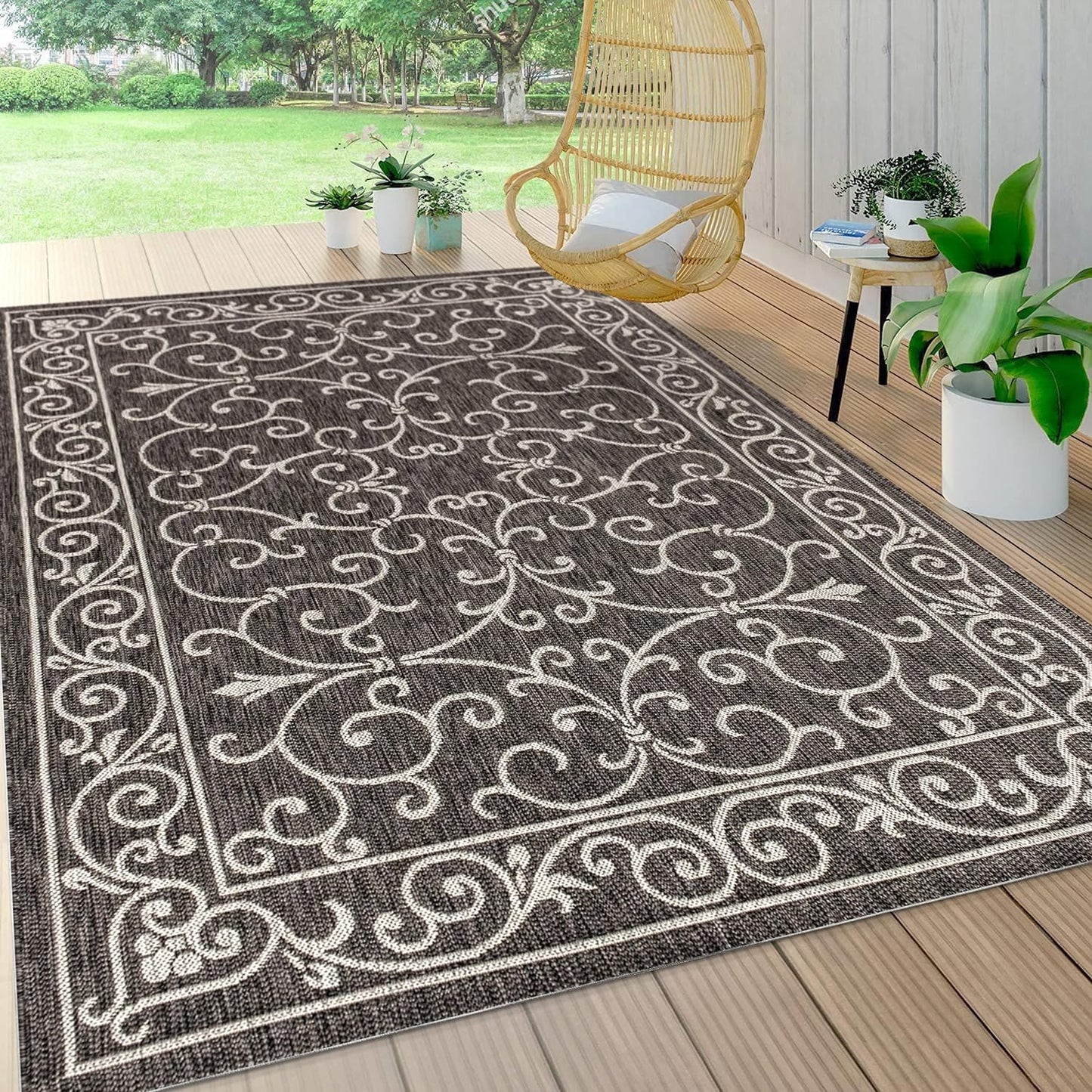 JONATHAN Y Vintage Filigree Indoor Outdoor Area Rug 6X9 Black/Gray, Charleston Textured Weave for Backyard, Patio, Porch, Easy-Cleaning, High Traffic, Pet-Friendly, Non-Shedding (SMB106G-6)