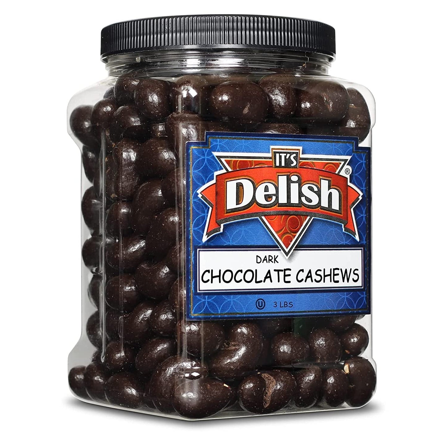 Dark Chocolate Covered Cashews By Its Delish, 3 Lbs Jumbo Reusable Container Jar  Gourmet Dark Chocolate Cashews, Healthy Snacks