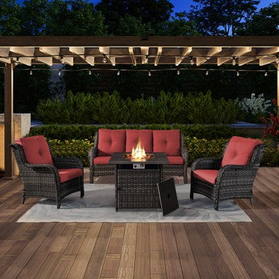 4 Pieces Outdoor Patio Furniture Set with Fire Pit Table, PE Resin All Weather Wicker Patio Propane Fire Pit Set with Patio Couch, Club Chairs in Red