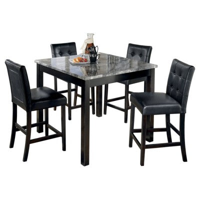 Dining Table Set Black for 4: Contemporary Square Faux Marble Top, Upholstered Vinyl Seats, Counter Height, 5-Piece Set