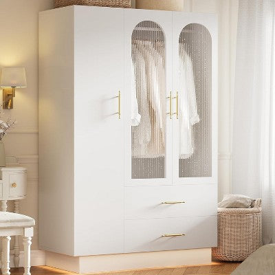 70.07" Tall Storage Cabinet with 3 Doors & 2 Drawers, Modern Large Storage Cabinet with Fluted Glass Door, Hanging Rods, White