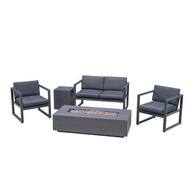 GDFStudio Noah Outdoor Aluminum 4 Seater Chat Set with Fire Pit