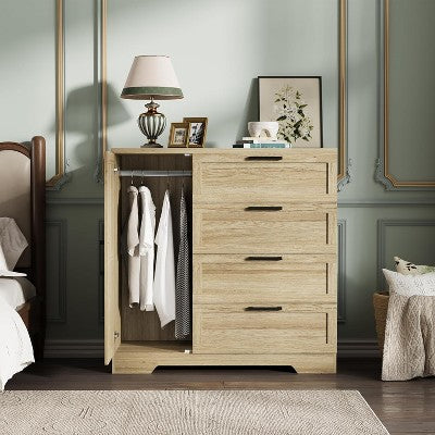 43.3" Small Wardrobe Closet with Door, 4 Drawers, Hanging Rod, Modern Wooden Clothes Cabinet for Bedroom or Laundry Room, Matte Black Handles