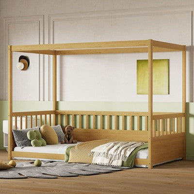CAVINAS Twin/Full Size Canopy Floor Beds with Guardrails for Kids,Wooden Canopy Toddler Bed,Floor Bed Frame for Girls,Boys,Box Spring Required