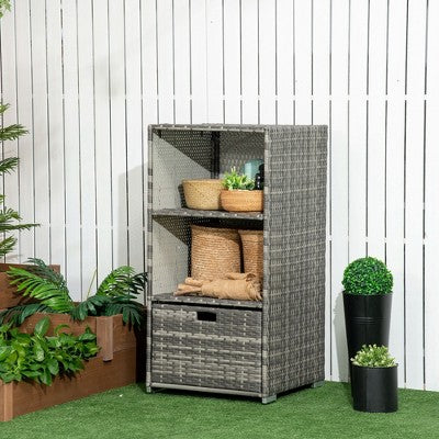 Gulches Valet Pool Towel Rack, Waterproof PE Plastic Rattan Wicker Storage Organizer, Indoor Outdoor Spa, and Hot Tub Accessory Storage, Gray