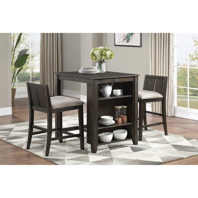 3-Piece Counter Height Dining Set with Storage Shelves, Rectangular Table and 2 Upholstered Chairs