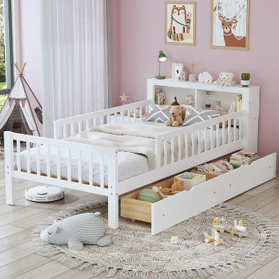 TiramisuBest Full Kids Bed Frame, Toddler Bed with Guardrails and Storage Drawers Solid Wood Platform for Minimalist Bedroom, White