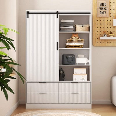 ORRD White Tall Armoire Wardrobe Closet with Barn Door, Hanging Rod, Drawers & Open Shelves – Bedroom Storage Cabinet