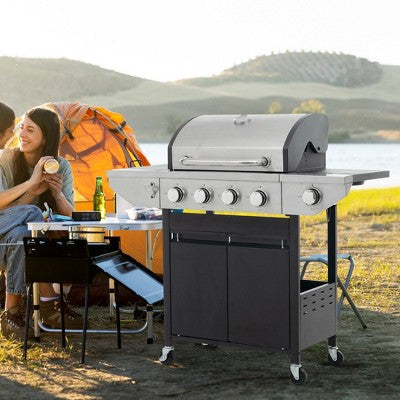 Kumasinova 4-Burner Propane Gas BBQ Grill,46500BTU Output,Stainless Steel Grills with Foldable Side Tables,Hooks&Built-In Thermometer
