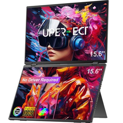 UPERFECT 15.6" Dual-Screen Portable Monitor 1080P HDR, Auto-Rotate Folding Laptop Extender with USB-C & HDMI for Business & Gaming - No Driver Needed