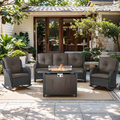 POCASSY 4PCS Patio Furniture Set with Fire Pit Table, Outdoor Patio Fire Pit Set with Patio Couch Rocking Chair and Rectangular Propane Firepit Table
