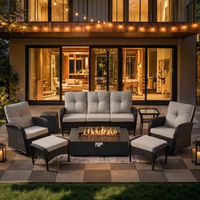 Belord 5/7 Pieces Patio Furniture Set with Fire Pit, Black Wicker Outdoor Sofa Set with Swivel Glider and External Propane Tank Firepit, Beige Cushion