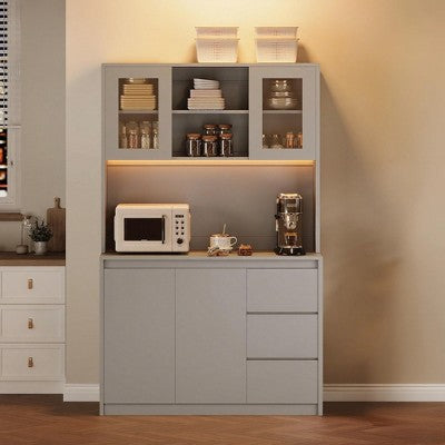 GustoWave Modern Simple Kitchen Pantry Cabinet with 8 Cabinets, Tall Storage Hutch with Adjustable Shelves, Microwave Stand for Dining Room