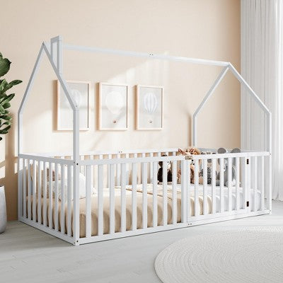 Comfy Cubs Kids House Gated Floor Bed Twin Size - 100% Pinewood Montessori Bed for Children Aged 5+