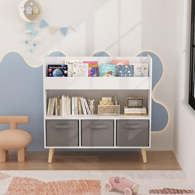 Gulches Kids Bookshelf with 3 Fabric Bins - 4 Open Shelves Children's Bookcase, Toddler Toy & Book Organizer