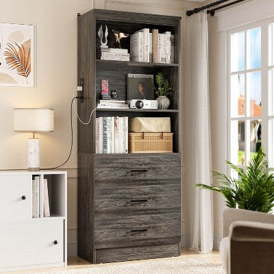 Besiost Bookcase with Charging Station, Storage Bookshelves with Wood Drawers - Dark Gray