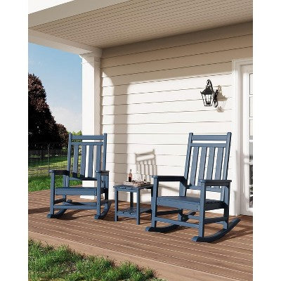 coucheta Poly Lumber Rocking Chair Outdoor Set of 2 with 1 Side Table, HDPE High Back Porch Rocker Chairs - All Weather Resistant Furniture for Patio