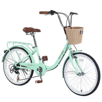 Kumasinova 7 Speed City Bike,Steel Frame Step-Thru Commuter Bicycle with Basket,Brown Leather Saddle,Shimano Gears,Dual Brakes,Bike for Women