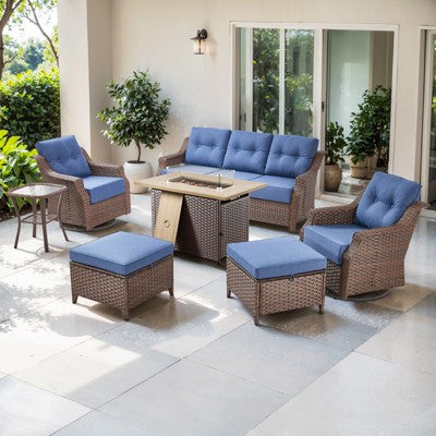 POCASSY 7 Piece 6 inch Thick Upholstered Cushion Patio Furniture Set with Fire Pit Table, All Weather Brown Wicker Outdoor Conversation Set for Deck