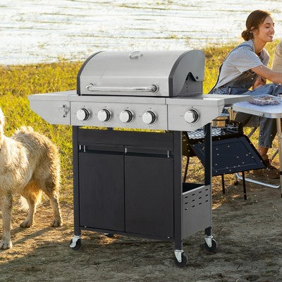4-Burner Propane Gas Grill with Side Burner, Stainless Steel Lid & Cabinet, Built-In Thermometer, Electronic Ignition, 46,500 BTU Outdoor BBQ